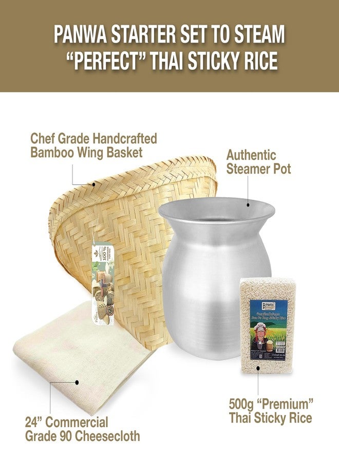 PANWA Sticky Rice Essential Starter Set - Includes Steamer Pot, Handcrafted Bamboo Wing Basket, 24” Grade 90 Cheesecloth, & 500 g. Premium Thai Sticky Rice - Image 2